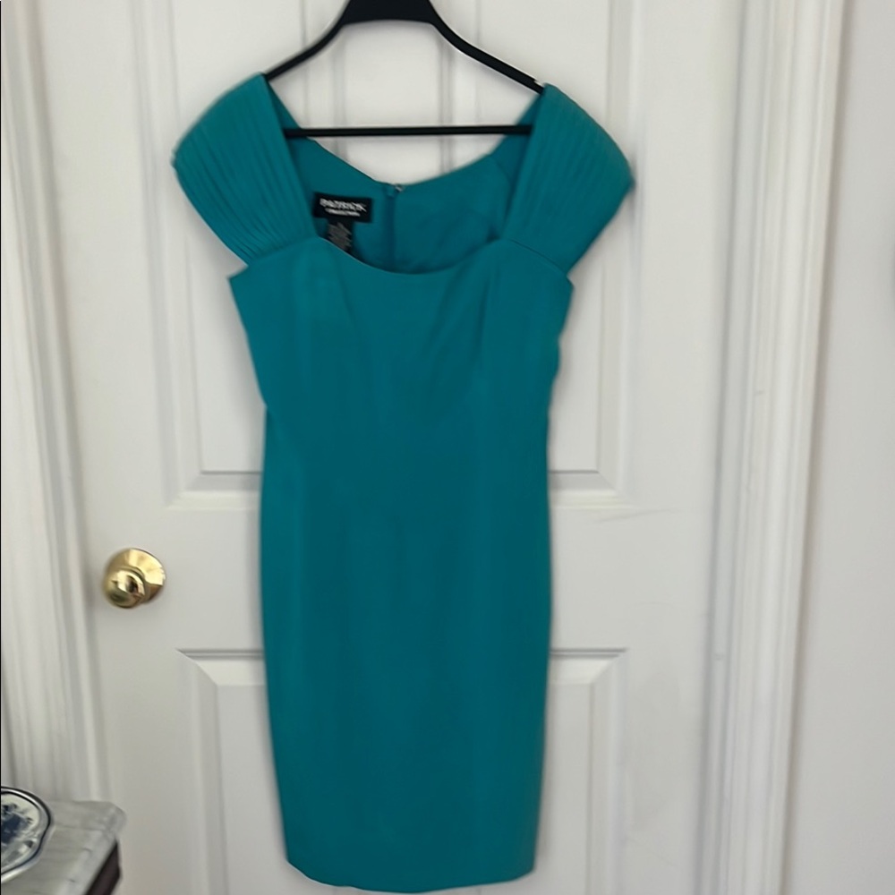 Patrick Collection Blue Green Silk Sheath Dress Cap Sleeve Scoop Neck